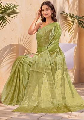 olive green sequins thread work sequins border organza saree with unstiched blouse piece 2