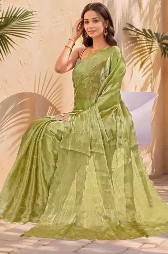 olive green sequins thread work sequins border organza saree with unstiched blouse piece