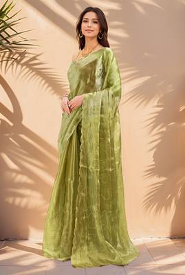 olive green sequins thread work sequins border organza saree with unstiched blouse piece 3