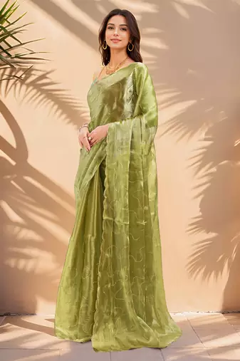 olive green sequins thread work sequins border organza saree with unstiched blouse piece