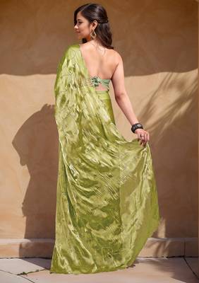 olive green sequins thread work sequins border organza saree with unstiched blouse piece 4