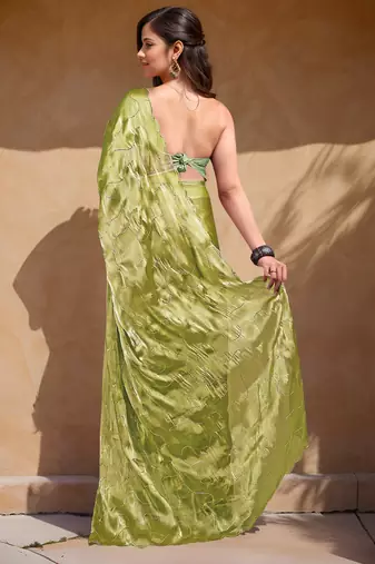 olive green sequins thread work sequins border organza saree with unstiched blouse piece