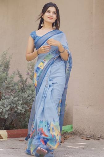blue abstract print zari border cotton blend saree with unstiched blouse piece