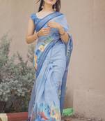 blue abstract print zari border cotton blend saree with unstiched blouse piece