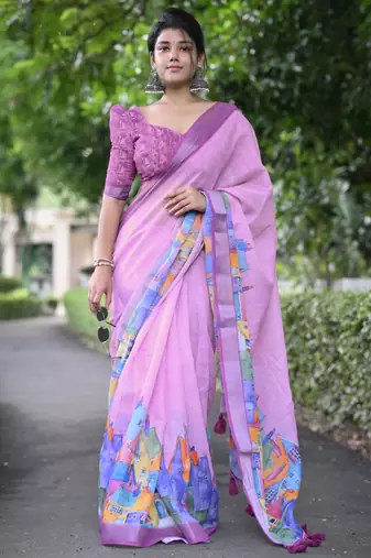 magenta abstract print zari border cotton blend saree with unstiched blouse piece