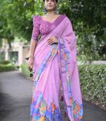 magenta abstract print zari border cotton blend saree with unstiched blouse piece