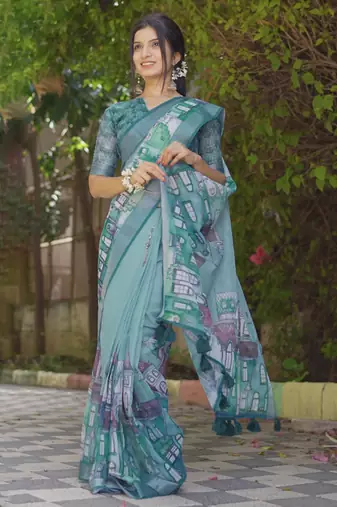 teal abstract print zari border cotton blend saree with unstiched blouse piece