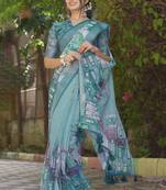 teal abstract print zari border cotton blend saree with unstiched blouse piece