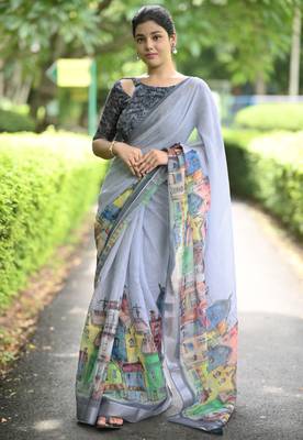 grey abstract print zari border cotton blend saree with unstiched blouse piece 1