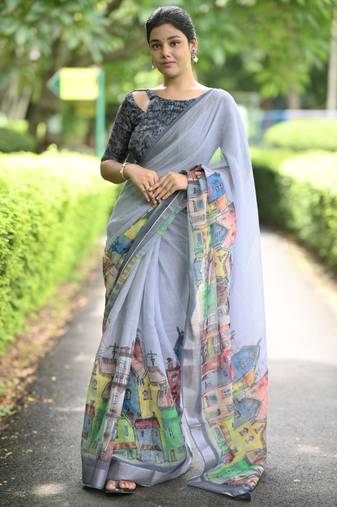 grey abstract print zari border cotton blend saree with unstiched blouse piece