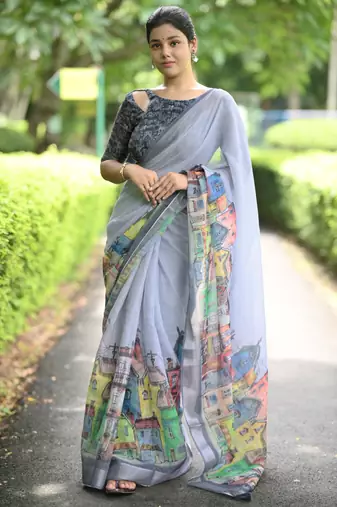 grey abstract print zari border cotton blend saree with unstiched blouse piece
