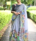 grey abstract print zari border cotton blend saree with unstiched blouse piece
