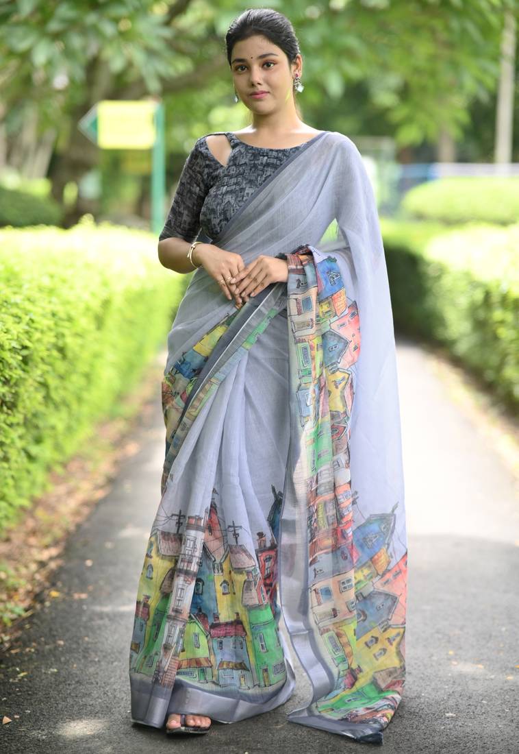 grey abstract print zari border cotton blend saree with unstiched blouse piece