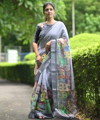 grey abstract print zari border cotton blend saree with unstiched blouse piece 2
