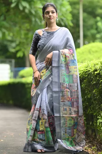 grey abstract print zari border cotton blend saree with unstiched blouse piece