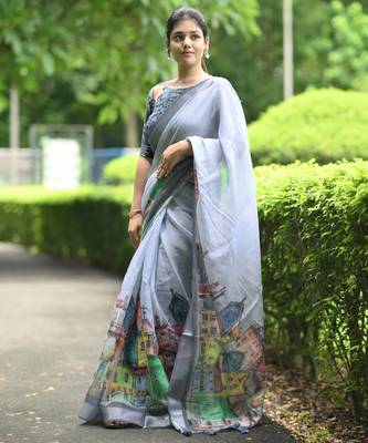 grey abstract print zari border cotton blend saree with unstiched blouse piece 3