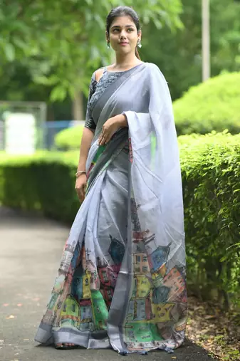 grey abstract print zari border cotton blend saree with unstiched blouse piece