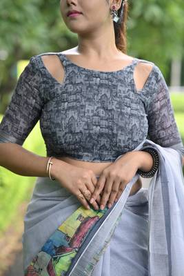 grey abstract print zari border cotton blend saree with unstiched blouse piece 5