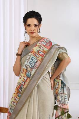 beige abstract print zari border cotton blend saree with unstiched blouse piece 1