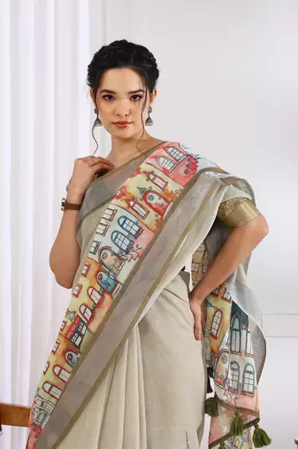 beige abstract print zari border cotton blend saree with unstiched blouse piece
