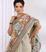 beige abstract print zari border cotton blend saree with unstiched blouse piece
