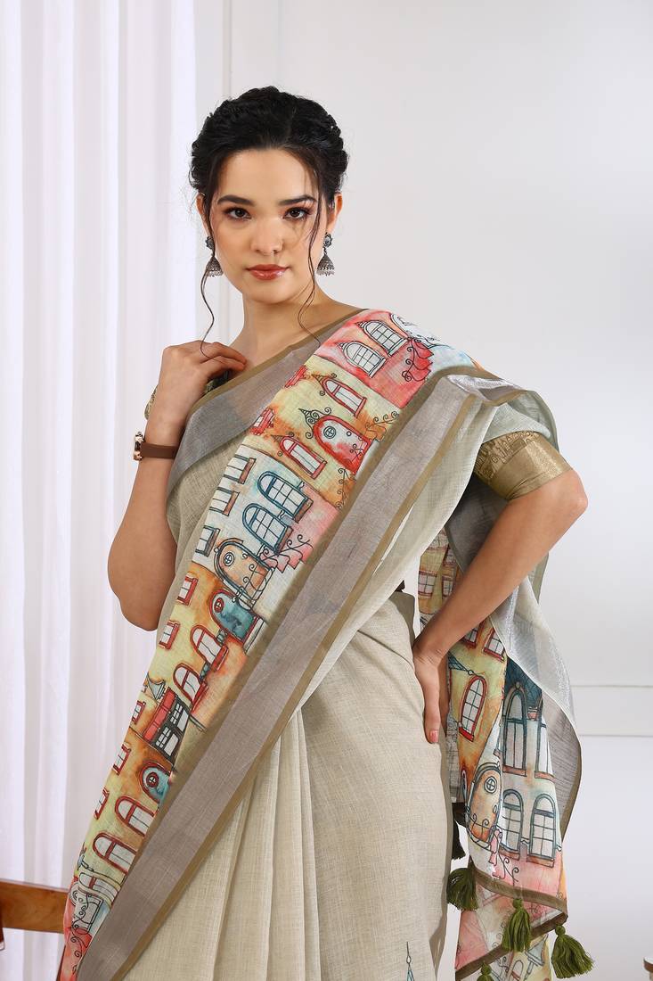 beige abstract print zari border cotton blend saree with unstiched blouse piece