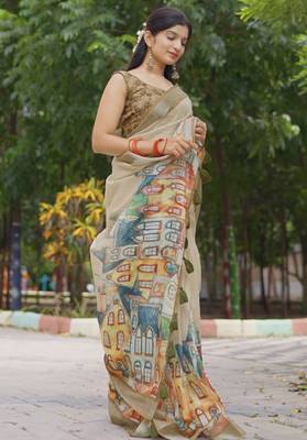 beige abstract print zari border cotton blend saree with unstiched blouse piece 2