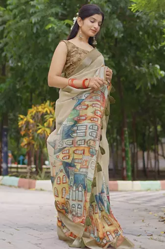 beige abstract print zari border cotton blend saree with unstiched blouse piece