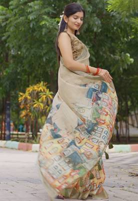 beige abstract print zari border cotton blend saree with unstiched blouse piece 3