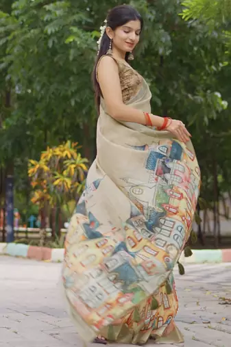 beige abstract print zari border cotton blend saree with unstiched blouse piece