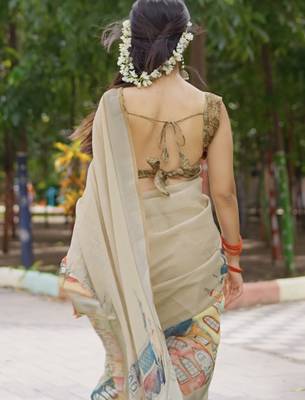 beige abstract print zari border cotton blend saree with unstiched blouse piece 4
