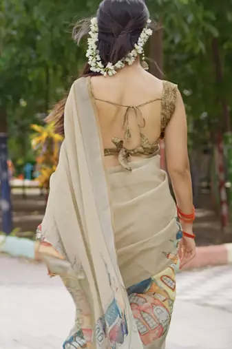 beige abstract print zari border cotton blend saree with unstiched blouse piece
