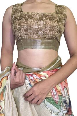 beige abstract print zari border cotton blend saree with unstiched blouse piece 5