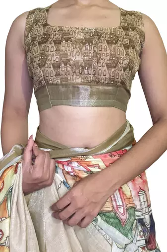 beige abstract print zari border cotton blend saree with unstiched blouse piece