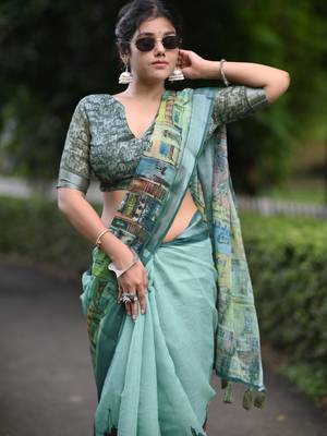 teal abstract print zari border cotton blend saree with unstiched blouse piece 2