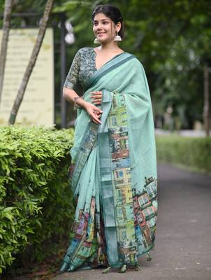 teal abstract print zari border cotton blend saree with unstiched blouse piece 3