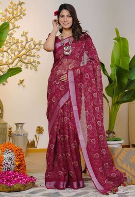 pink floral block print zari border cotton blend saree with unstiched blouse piece 1