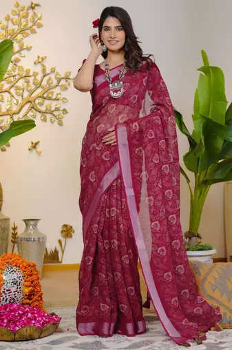 pink paisley kalamkari print zari border cotton blend saree with unstiched blouse piece