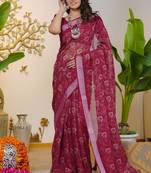 pink paisley kalamkari print zari border cotton blend saree with unstiched blouse piece
