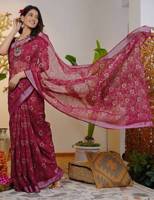pink floral block print zari border cotton blend saree with unstiched blouse piece 2
