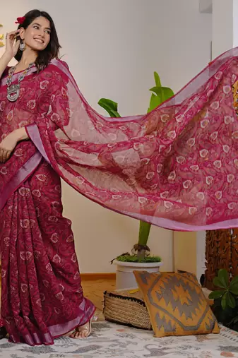 pink floral block print zari border cotton blend saree with unstiched blouse piece