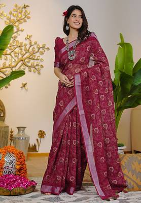 pink floral block print zari border cotton blend saree with unstiched blouse piece 3