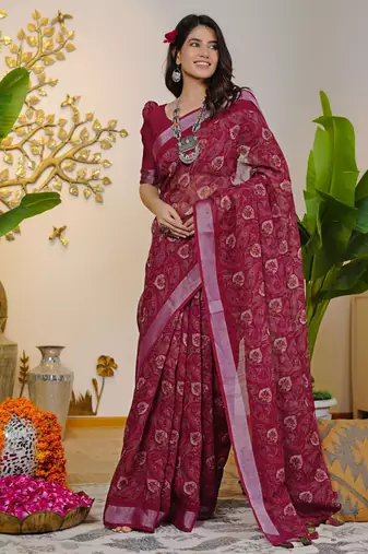 pink floral block print zari border cotton blend saree with unstiched blouse piece