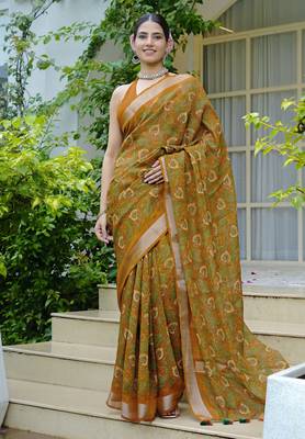 mustard paisley kalamkari print zari border cotton blend saree with unstiched blouse piece 1