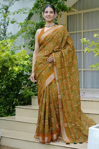 mustard paisley kalamkari print zari border cotton blend saree with unstiched blouse piece