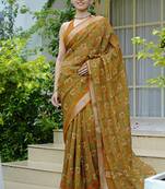 mustard paisley kalamkari print zari border cotton blend saree with unstiched blouse piece