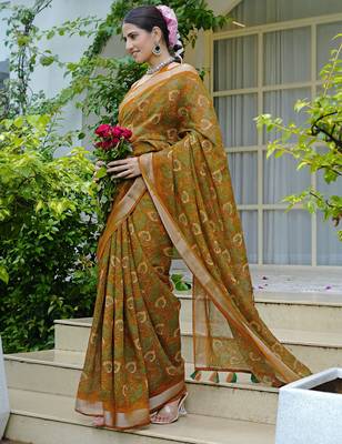 mustard paisley kalamkari print zari border cotton blend saree with unstiched blouse piece 2