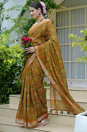 mustard paisley kalamkari print zari border cotton blend saree with unstiched blouse piece