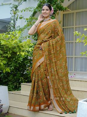mustard paisley kalamkari print zari border cotton blend saree with unstiched blouse piece 3