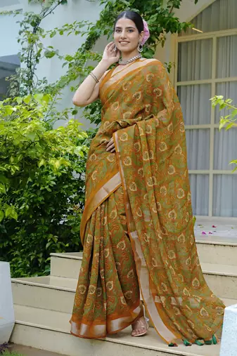 mustard paisley kalamkari print zari border cotton blend saree with unstiched blouse piece
